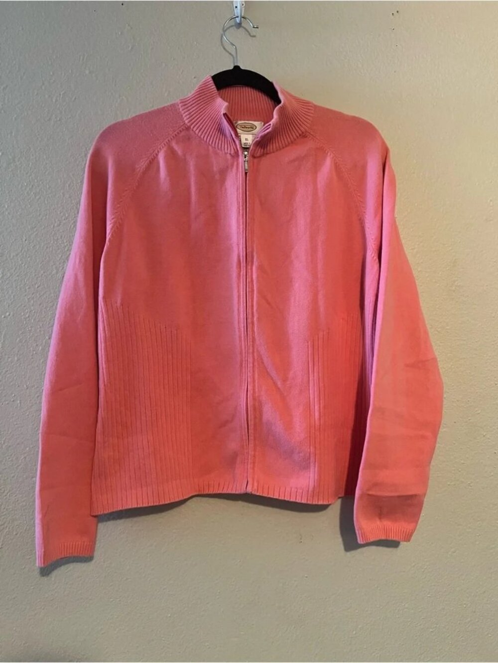 Talbots Womens Pink Ribbed Knit Sweater XL Stretch Full Zip Casual Soft Preppy